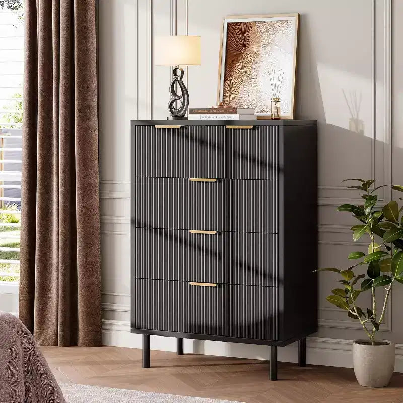 Cassettiera alta Wave Fluted a 5 cassetti, in legno, per camera da letto, cameretta, soggiorno, ingresso, ripostiglio