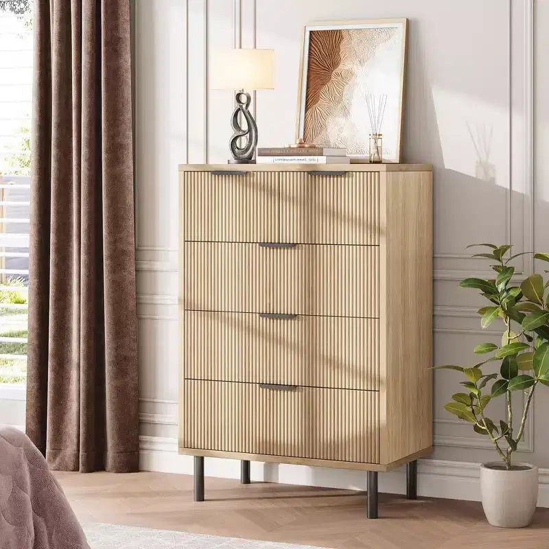 Cassettiera alta Wave Fluted a 5 cassetti, in legno, per camera da letto, cameretta, soggiorno, ingresso, ripostiglio
