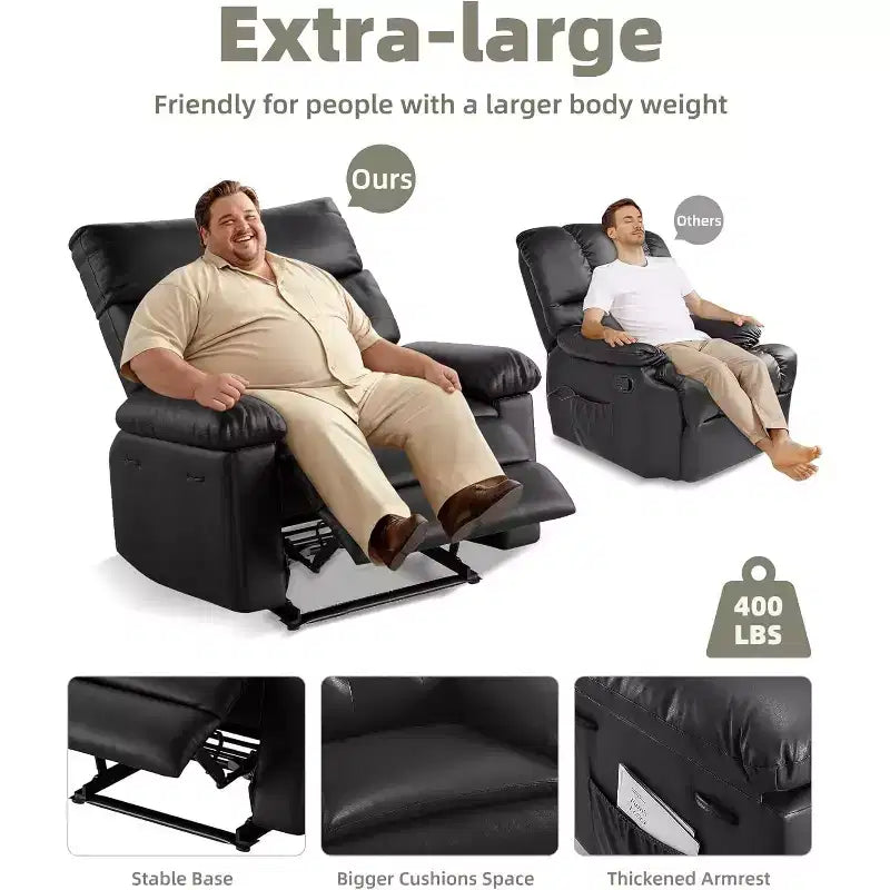 Poltrona Reclinabile Oversize in Pelle Sintetica, Poltrona Reclinabile Manuale con Imbottitura Spessa e Seduta Larga, per Soggiorno o Camera da Letto, Larghezza Extra di 22 Pollici