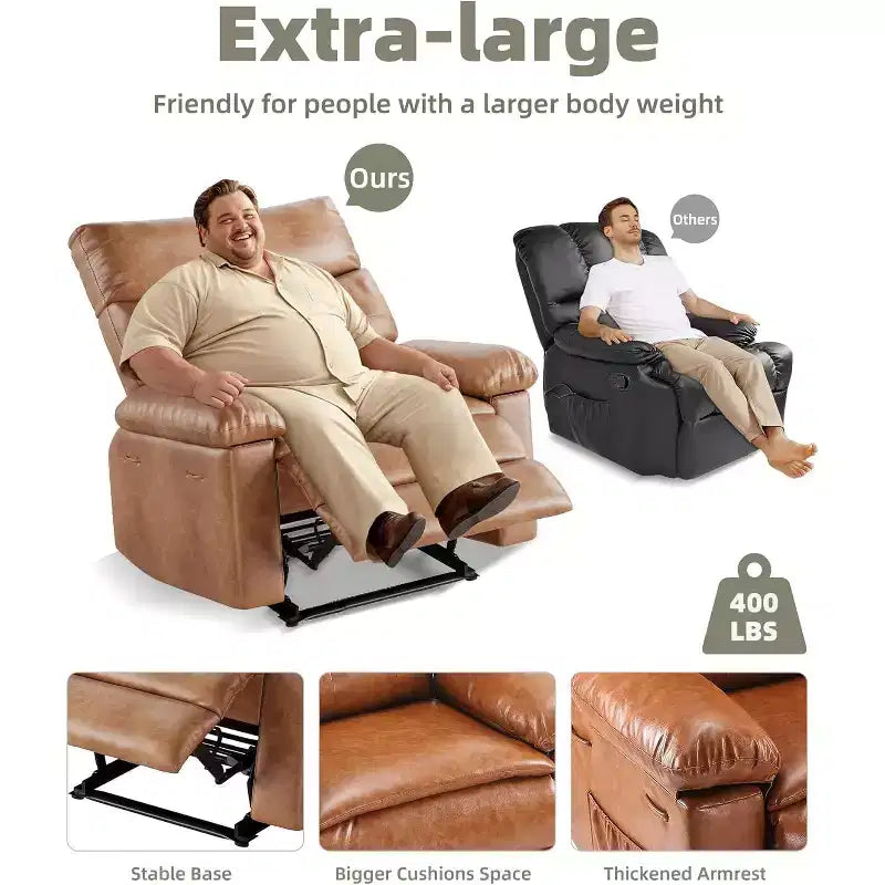 Poltrona Reclinabile Oversize in Pelle Sintetica, Poltrona Reclinabile Manuale con Imbottitura Spessa e Seduta Larga, per Soggiorno o Camera da Letto, Larghezza Extra di 22 Pollici