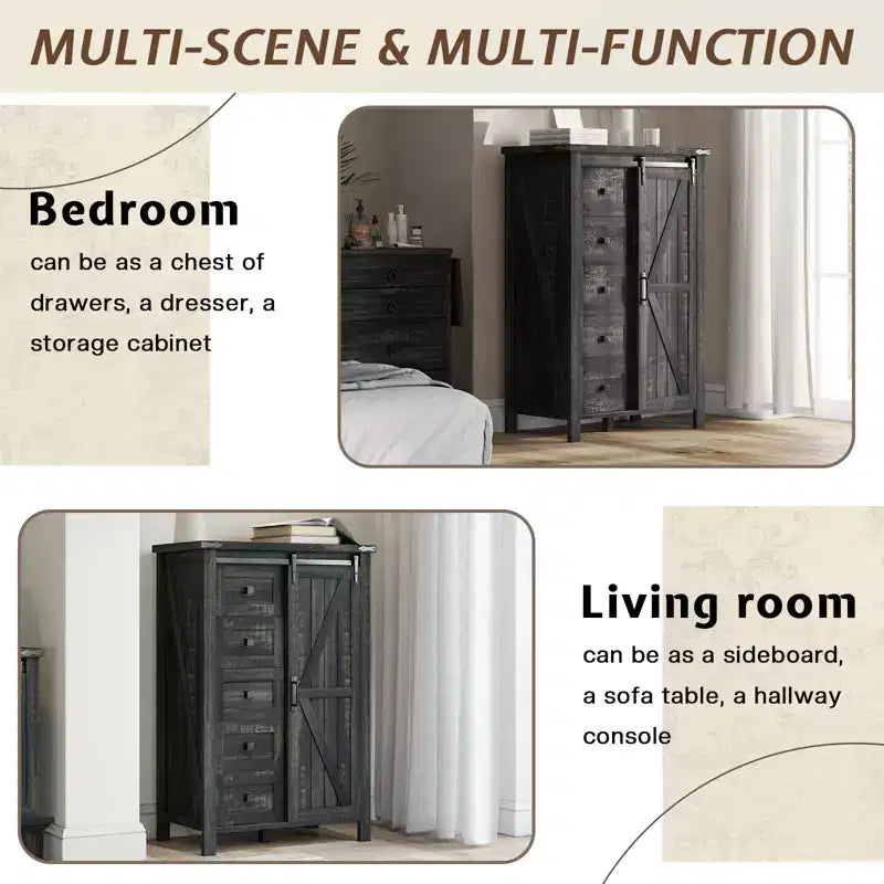 Cassettiera Rustica da Fattoria per Camera da Letto con Cassetti, Mobile Contenitore con Ante Scorrevoli a Stalla, Mobile Porta TV Organizzatore