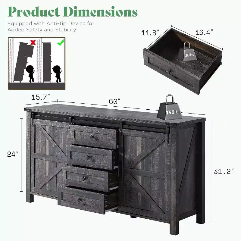 Cassettiera Rustica da Fattoria per Camera da Letto con Cassetti, Mobile Contenitore con Ante Scorrevoli a Stalla, Mobile Porta TV Organizzatore