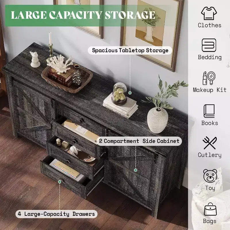 Cassettiera Rustica da Fattoria per Camera da Letto con Cassetti, Mobile Contenitore con Ante Scorrevoli a Stalla, Mobile Porta TV Organizzatore