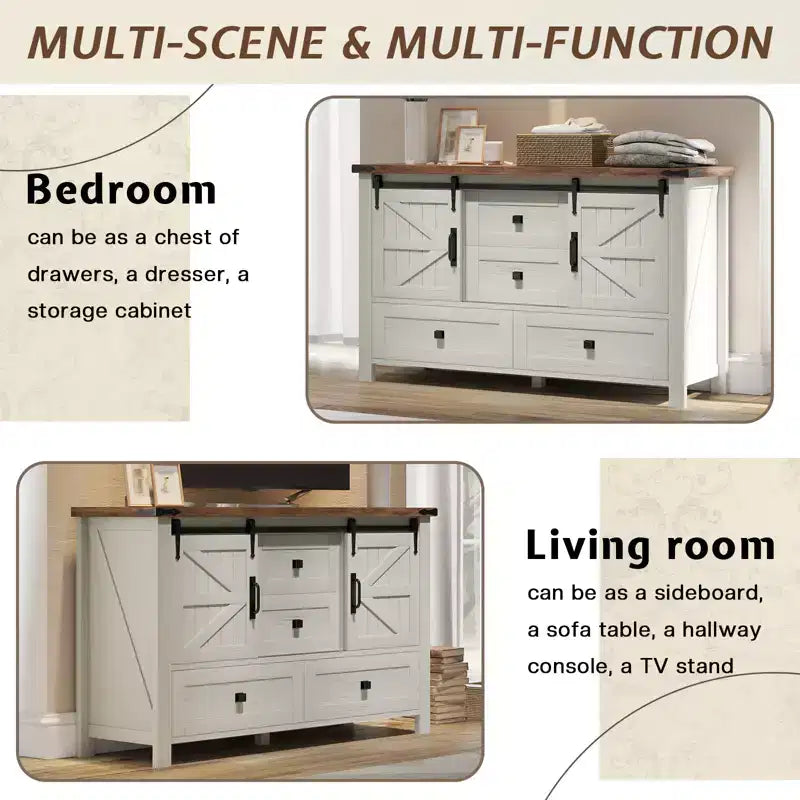 Cassettiera Rustica da Fattoria per Camera da Letto con Cassetti, Mobile Contenitore con Ante Scorrevoli a Stalla, Mobile Porta TV Organizzatore