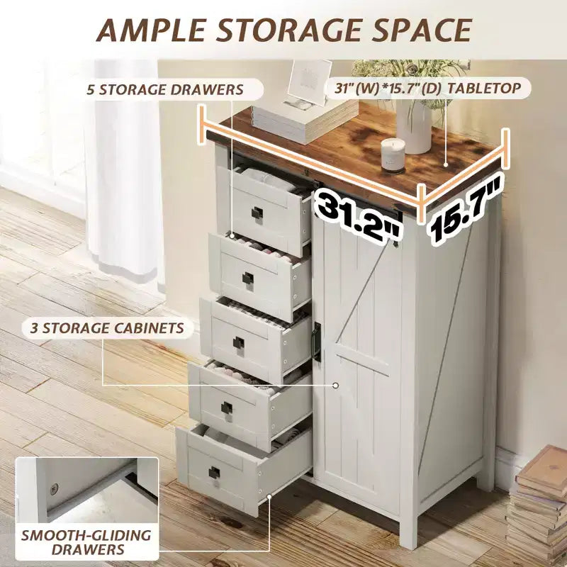 Cassettiera Rustica da Fattoria per Camera da Letto con Cassetti, Mobile Contenitore con Ante Scorrevoli a Stalla, Mobile Porta TV Organizzatore