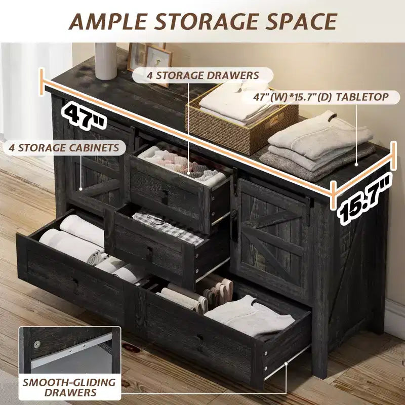 Cassettiera Rustica da Fattoria per Camera da Letto con Cassetti, Mobile Contenitore con Ante Scorrevoli a Stalla, Mobile Porta TV Organizzatore