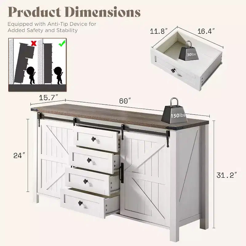 Cassettiera Rustica da Fattoria per Camera da Letto con Cassetti, Mobile Contenitore con Ante Scorrevoli a Stalla, Mobile Porta TV Organizzatore