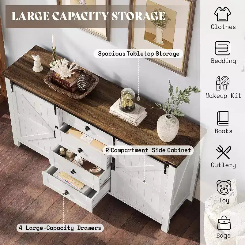 Cassettiera Rustica da Fattoria per Camera da Letto con Cassetti, Mobile Contenitore con Ante Scorrevoli a Stalla, Mobile Porta TV Organizzatore