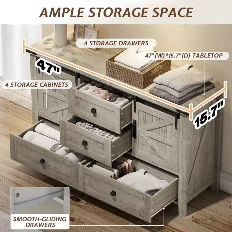 Cassettiera Rustica da Fattoria per Camera da Letto con Cassetti, Mobile Contenitore con Ante Scorrevoli a Stalla, Mobile Porta TV Organizzatore