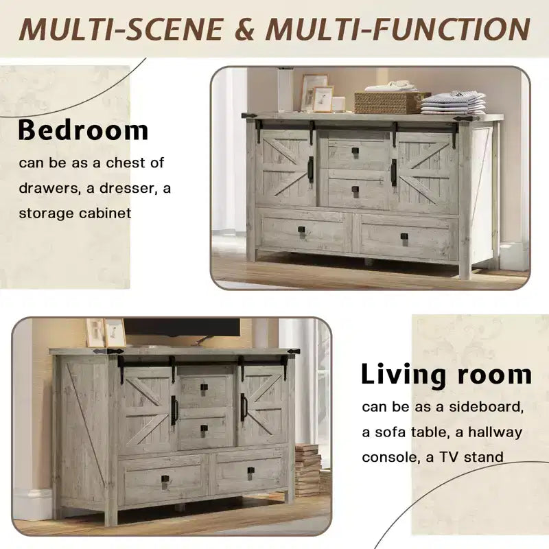 Cassettiera Rustica da Fattoria per Camera da Letto con Cassetti, Mobile Contenitore con Ante Scorrevoli a Stalla, Mobile Porta TV Organizzatore