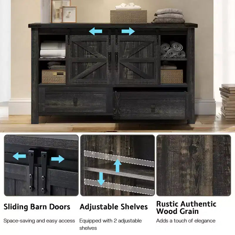 Cassettiera Rustica da Fattoria per Camera da Letto con Cassetti, Mobile Contenitore con Ante Scorrevoli a Stalla, Mobile Porta TV Organizzatore