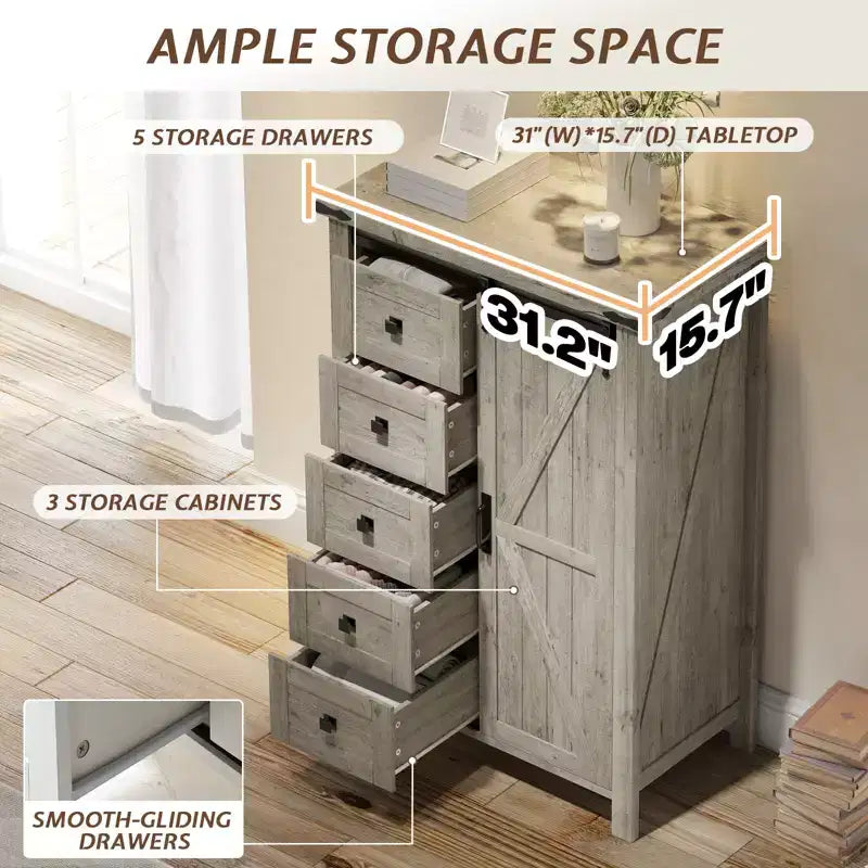 Cassettiera Rustica da Fattoria per Camera da Letto con Cassetti, Mobile Contenitore con Ante Scorrevoli a Stalla, Mobile Porta TV Organizzatore