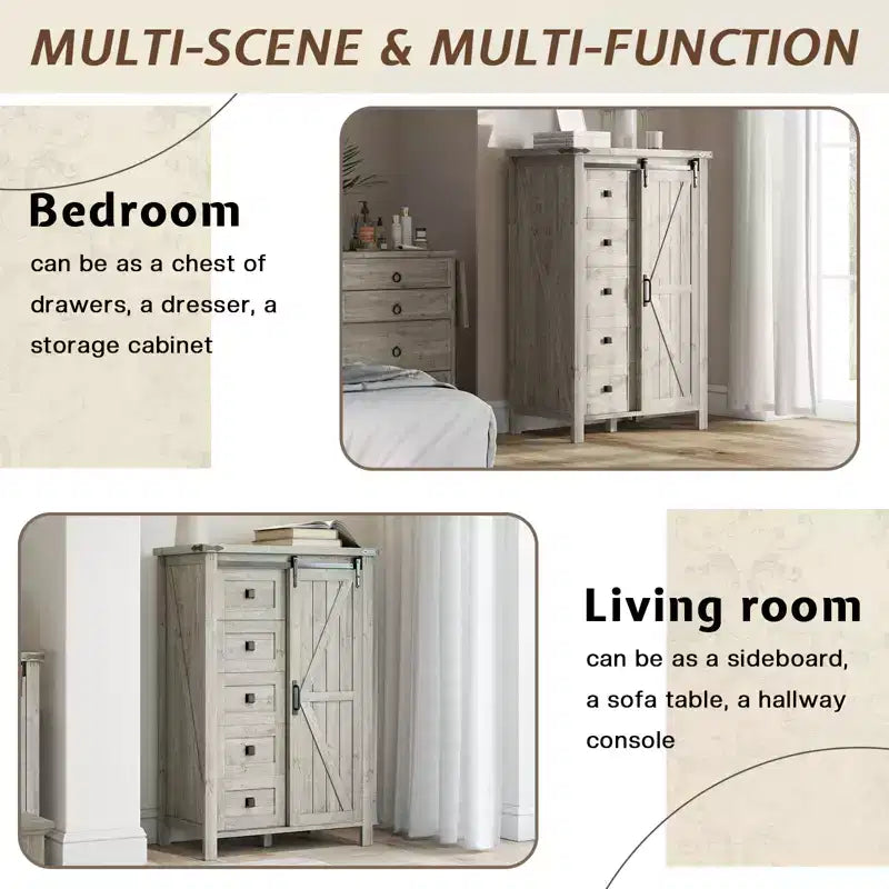 Cassettiera Rustica da Fattoria per Camera da Letto con Cassetti, Mobile Contenitore con Ante Scorrevoli a Stalla, Mobile Porta TV Organizzatore