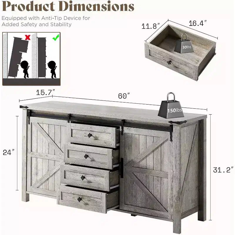 Cassettiera Rustica da Fattoria per Camera da Letto con Cassetti, Mobile Contenitore con Ante Scorrevoli a Stalla, Mobile Porta TV Organizzatore