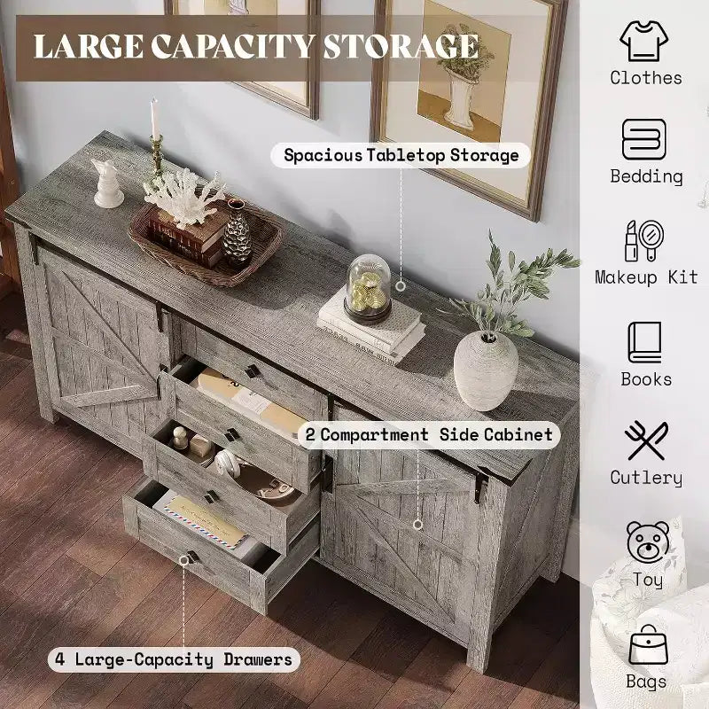 Cassettiera Rustica da Fattoria per Camera da Letto con Cassetti, Mobile Contenitore con Ante Scorrevoli a Stalla, Mobile Porta TV Organizzatore