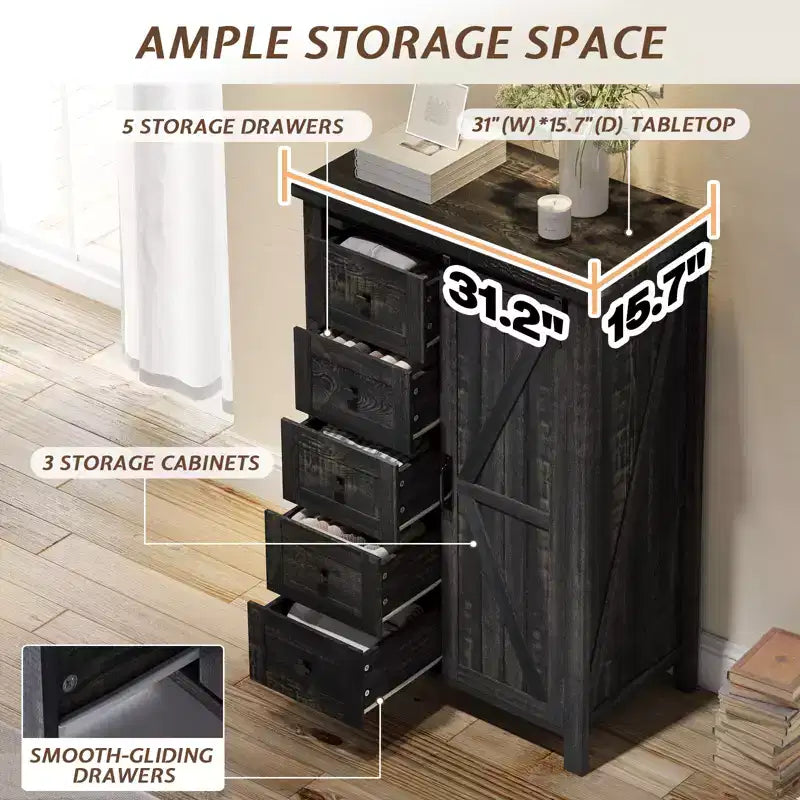 Cassettiera Rustica da Fattoria per Camera da Letto con Cassetti, Mobile Contenitore con Ante Scorrevoli a Stalla, Mobile Porta TV Organizzatore
