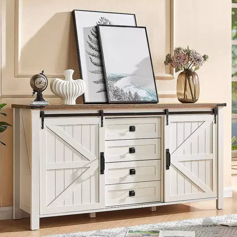 Cassettiera Rustica da Fattoria per Camera da Letto con Cassetti, Mobile Contenitore con Ante Scorrevoli a Stalla, Mobile Porta TV Organizzatore
