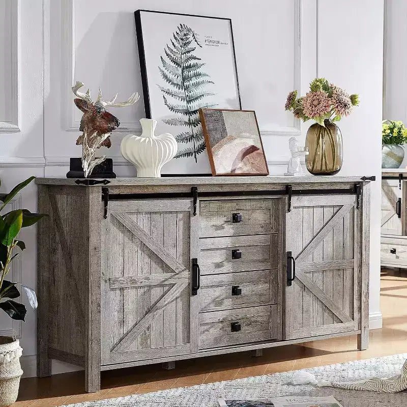 Cassettiera Rustica da Fattoria per Camera da Letto con Cassetti, Mobile Contenitore con Ante Scorrevoli a Stalla, Mobile Porta TV Organizzatore