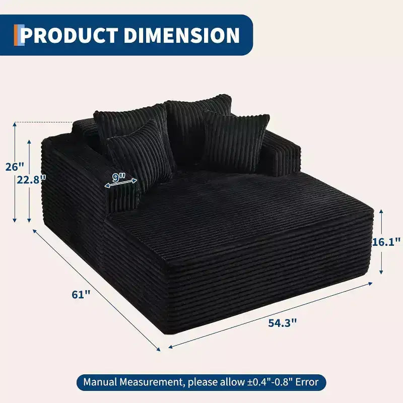 Poltrona chaise longue oversize da 155 cm, divano extra largo in velluto a coste, 4 cuscini e braccioli, divanetto per soggiorno o camera da letto, nero