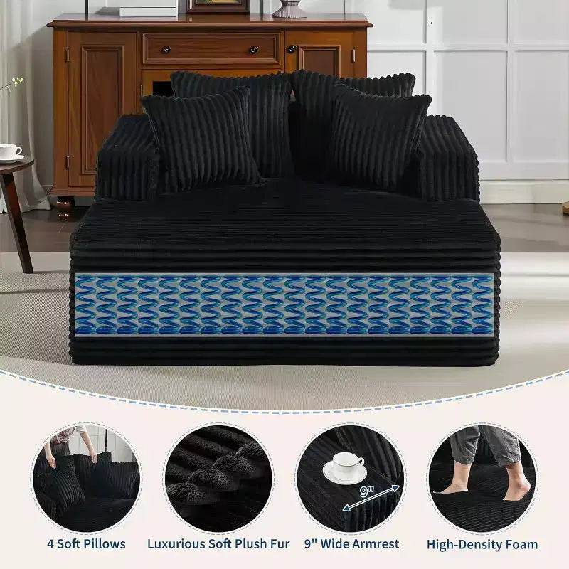 Poltrona chaise longue oversize da 155 cm, divano extra largo in velluto a coste, 4 cuscini e braccioli, divanetto per soggiorno o camera da letto, nero