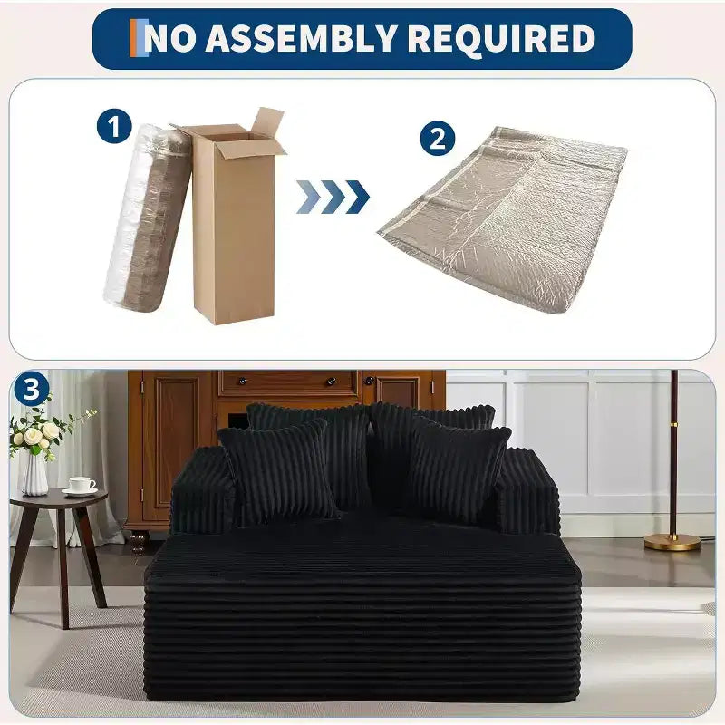 Poltrona chaise longue oversize da 155 cm, divano extra largo in velluto a coste, 4 cuscini e braccioli, divanetto per soggiorno o camera da letto, nero