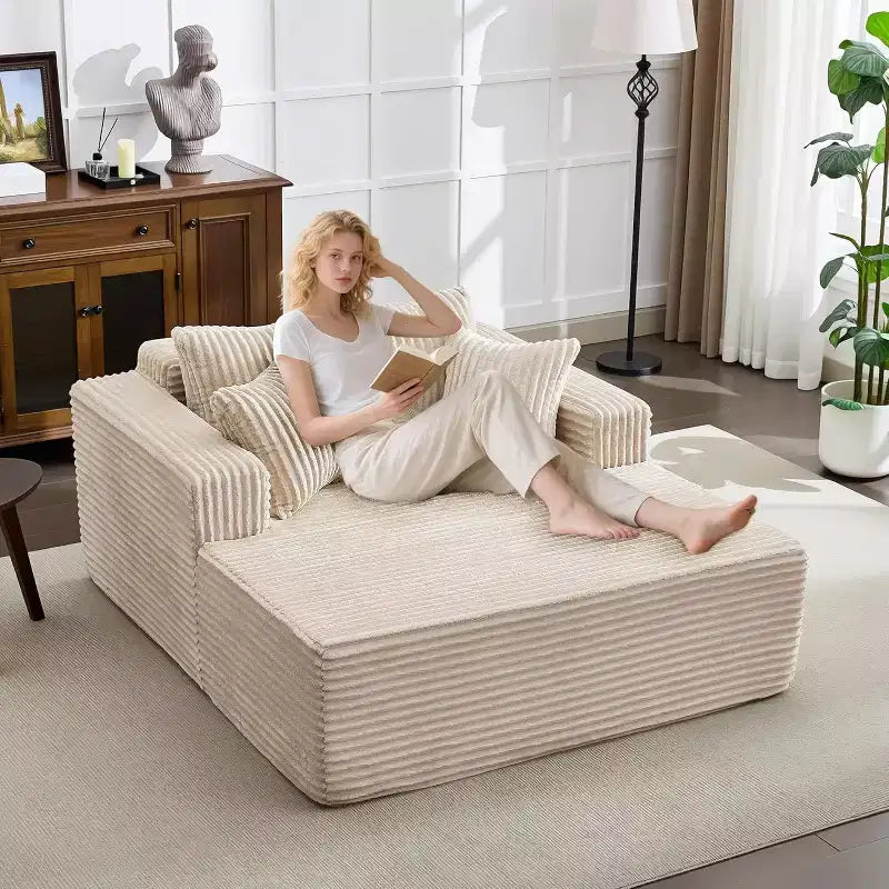 Poltrona chaise longue oversize da 155 cm, divano extra largo in velluto a coste, 4 cuscini e braccioli, divanetto per soggiorno o camera da letto, nero