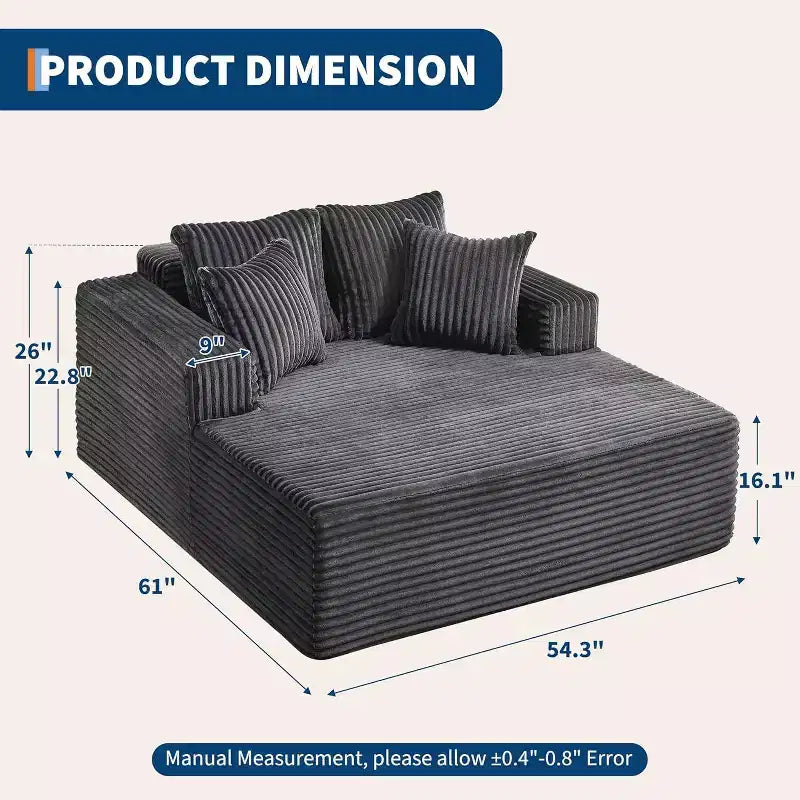 Poltrona chaise longue oversize da 155 cm, divano extra largo in velluto a coste, 4 cuscini e braccioli, divanetto per soggiorno o camera da letto, nero