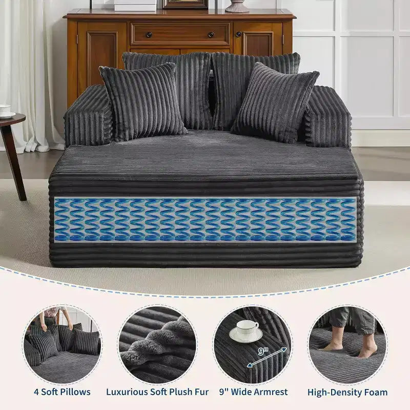 Poltrona chaise longue oversize da 155 cm, divano extra largo in velluto a coste, 4 cuscini e braccioli, divanetto per soggiorno o camera da letto, nero