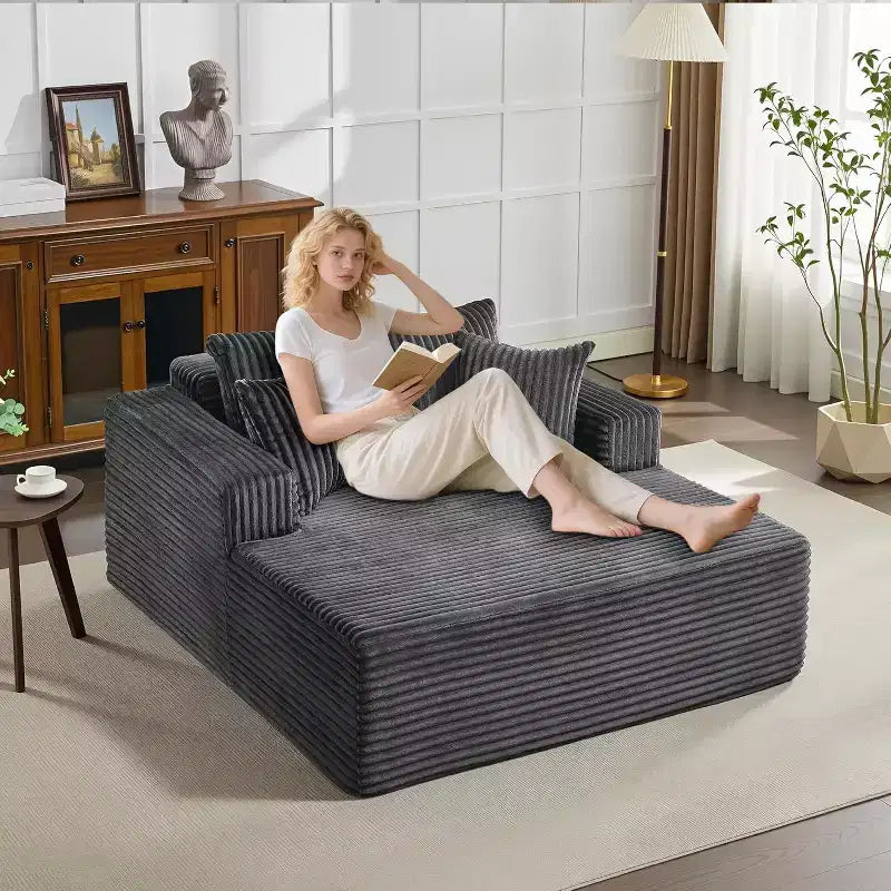 Poltrona chaise longue oversize da 155 cm, divano extra largo in velluto a coste, 4 cuscini e braccioli, divanetto per soggiorno o camera da letto, nero