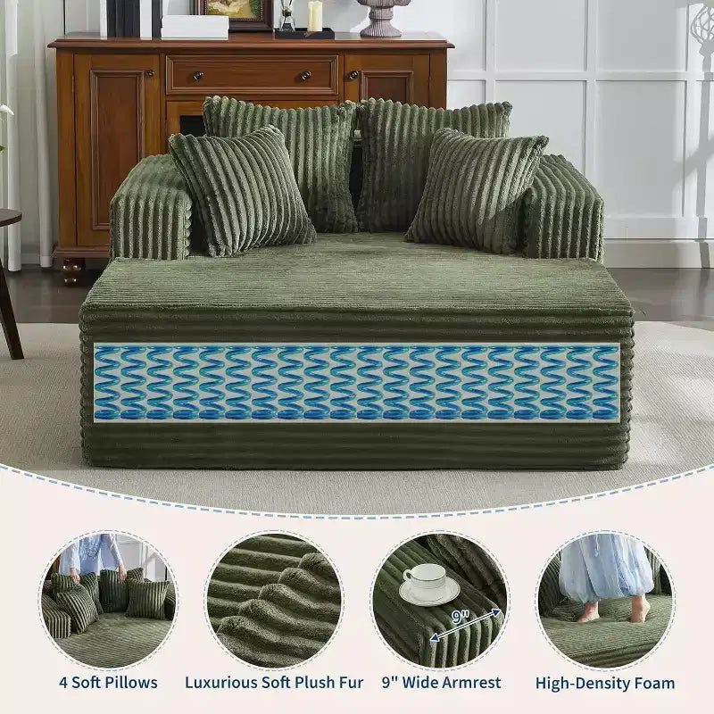 Poltrona chaise longue oversize da 155 cm, divano extra largo in velluto a coste, 4 cuscini e braccioli, divanetto per soggiorno o camera da letto, nero