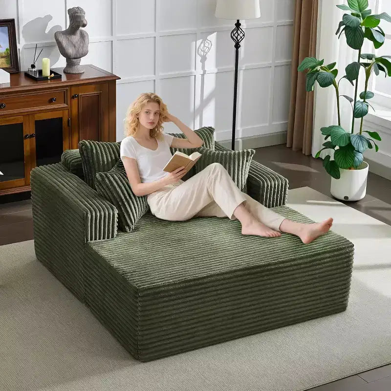 Poltrona chaise longue oversize da 155 cm, divano extra largo in velluto a coste, 4 cuscini e braccioli, divanetto per soggiorno o camera da letto, nero