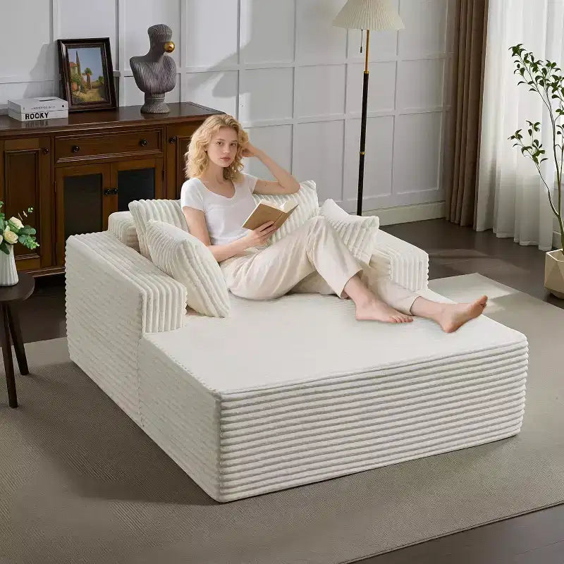 Poltrona chaise longue oversize da 155 cm, divano extra largo in velluto a coste, 4 cuscini e braccioli, divanetto per soggiorno o camera da letto, nero