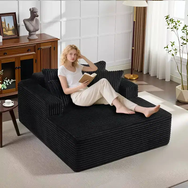 Poltrona chaise longue oversize da 155 cm, divano extra largo in velluto a coste, 4 cuscini e braccioli, divanetto per soggiorno o camera da letto, nero