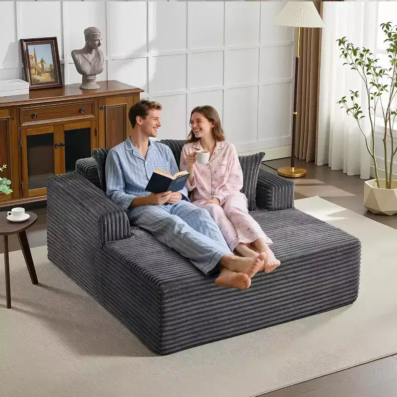 Poltrona chaise longue oversize da 155 cm, divano extra largo in velluto a coste, 4 cuscini e braccioli, divanetto per soggiorno o camera da letto, nero