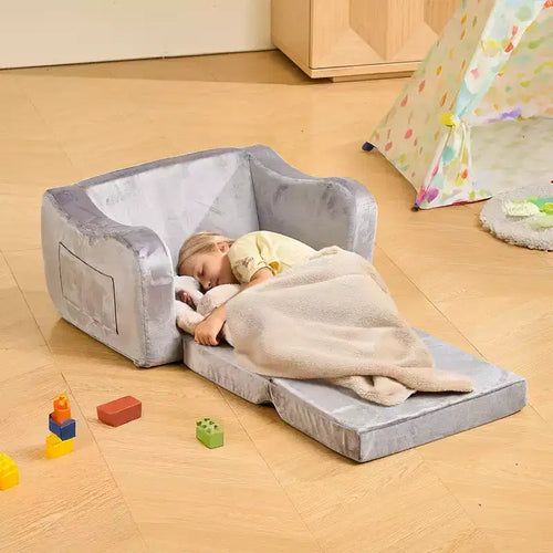 Divano 2 in 1 per bambini, morbido divano pieghevole per bambini con braccioli, sedia convertibile in lettino per bambini, M, grigio