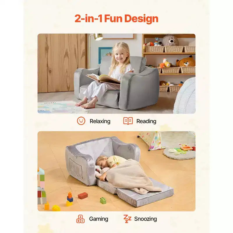 Divano 2 in 1 per bambini, morbido divano pieghevole per bambini con braccioli, sedia convertibile in lettino per bambini, M, grigio