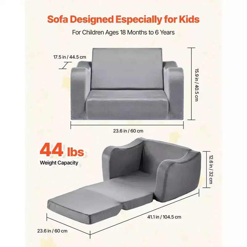 Divano 2 in 1 per bambini, morbido divano pieghevole per bambini con braccioli, sedia convertibile in lettino per bambini, M, grigio