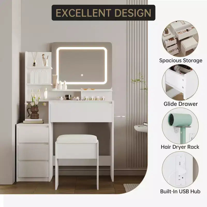 Scrivania da trucco da 36 pollici, tavolo da trucco moderno per camera da letto, 4 grandi cassetti, 3 modalità di illuminazione, ripiani portaoggetti per camera da letto