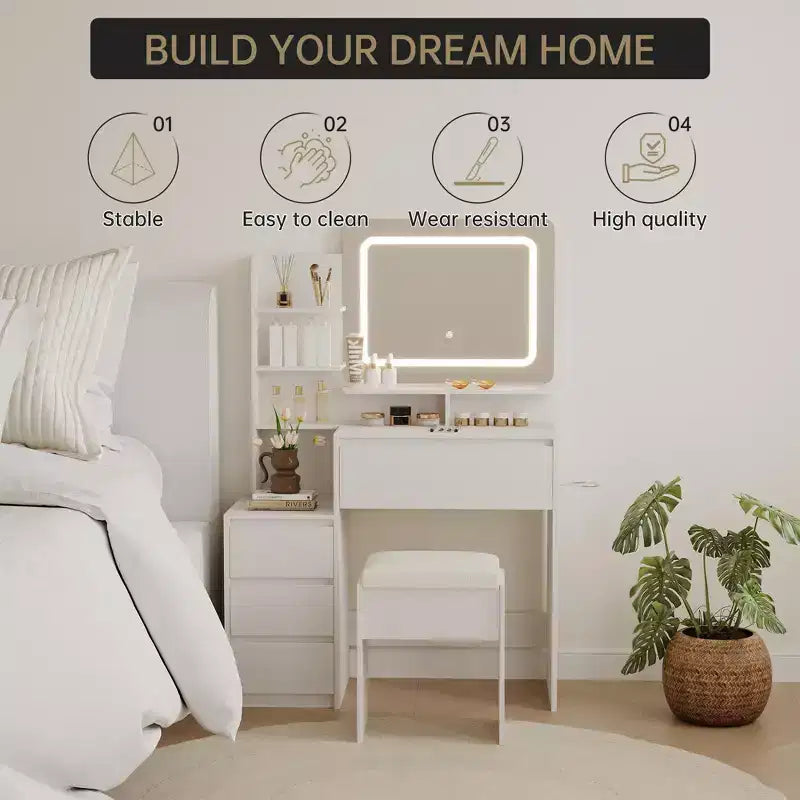 Scrivania da trucco da 36 pollici, tavolo da trucco moderno per camera da letto, 4 grandi cassetti, 3 modalità di illuminazione, ripiani portaoggetti per camera da letto