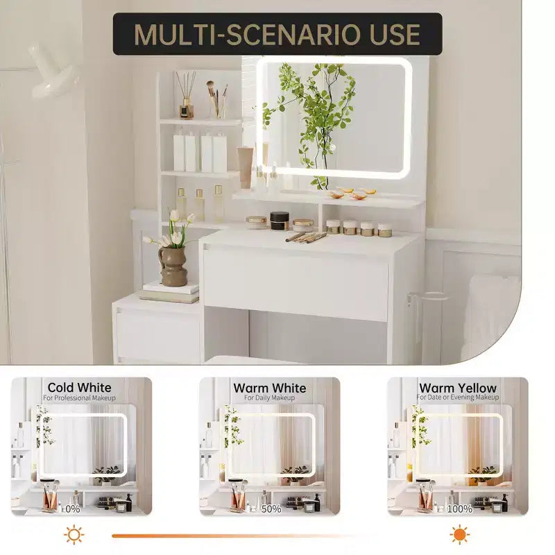 Scrivania da trucco da 36 pollici, tavolo da trucco moderno per camera da letto, 4 grandi cassetti, 3 modalità di illuminazione, ripiani portaoggetti per camera da letto