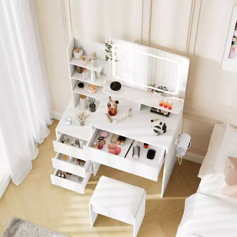 Scrivania da trucco da 36 pollici, tavolo da trucco moderno per camera da letto, 4 grandi cassetti, 3 modalità di illuminazione, ripiani portaoggetti per camera da letto