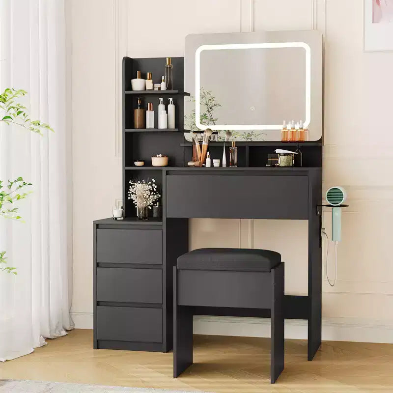 Scrivania da trucco da 36 pollici, tavolo da trucco moderno per camera da letto, 4 grandi cassetti, 3 modalità di illuminazione, ripiani portaoggetti per camera da letto