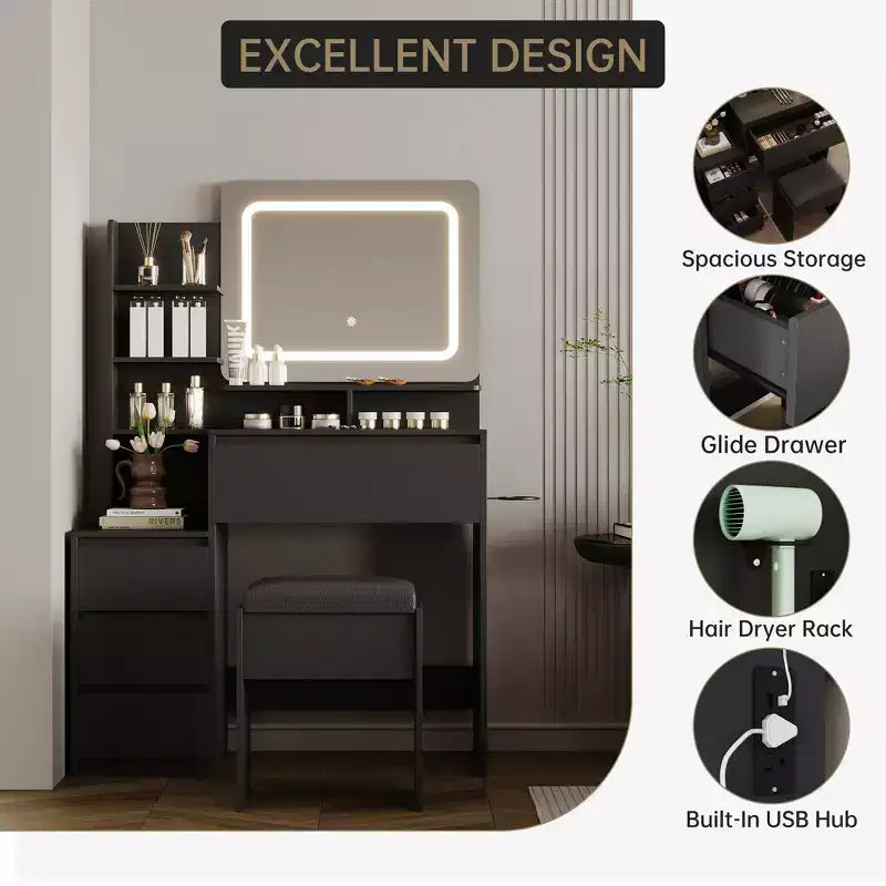 Scrivania da trucco da 36 pollici, tavolo da trucco moderno per camera da letto, 4 grandi cassetti, 3 modalità di illuminazione, ripiani portaoggetti per camera da letto