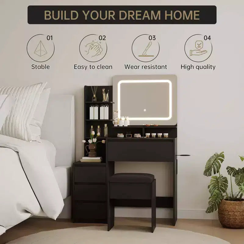 Scrivania da trucco da 36 pollici, tavolo da trucco moderno per camera da letto, 4 grandi cassetti, 3 modalità di illuminazione, ripiani portaoggetti per camera da letto