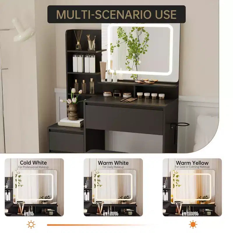 Scrivania da trucco da 36 pollici, tavolo da trucco moderno per camera da letto, 4 grandi cassetti, 3 modalità di illuminazione, ripiani portaoggetti per camera da letto