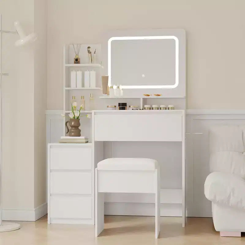 Scrivania da trucco da 36 pollici, tavolo da trucco moderno per camera da letto, 4 grandi cassetti, 3 modalità di illuminazione, ripiani portaoggetti per camera da letto