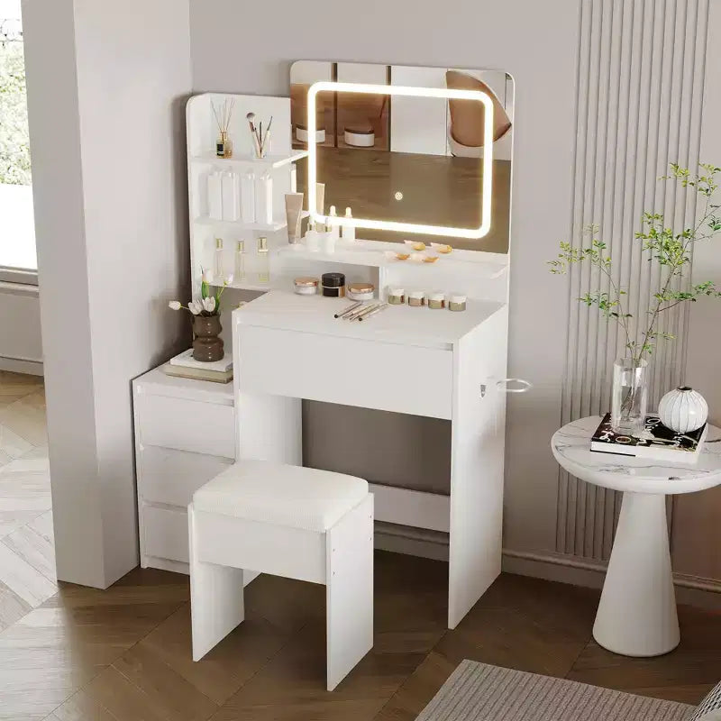 Scrivania da trucco da 36 pollici, tavolo da trucco moderno per camera da letto, 4 grandi cassetti, 3 modalità di illuminazione, ripiani portaoggetti per camera da letto