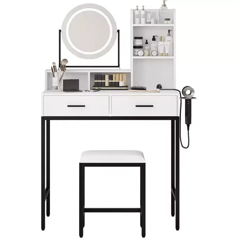 Adjustable Vanity Desk with Rotating Mirror and Storage Shelves, 2 Drawers & Stool, for Bedroom, Dressing Room