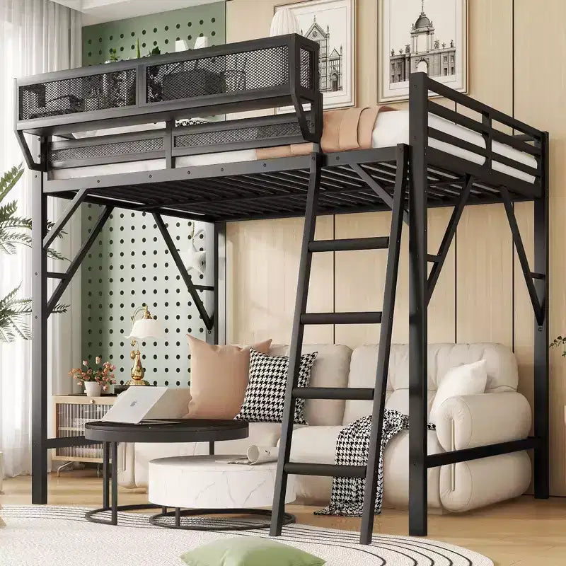 Queen Size Loft Bed with Ladder Metal Queen Loft Bed with Storage Shelves High Loft Bed for Kids Teens Black