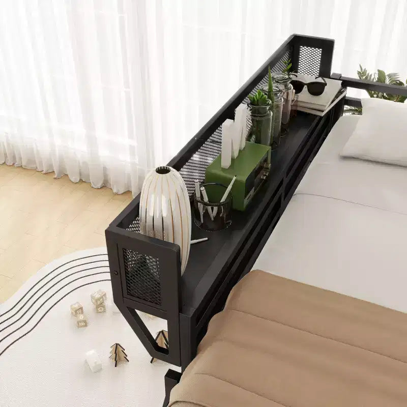Letto a soppalco Queen Size con scala, letto a soppalco in metallo Queen con ripiani portaoggetti, letto a soppalco alto per bambini e ragazzi, nero